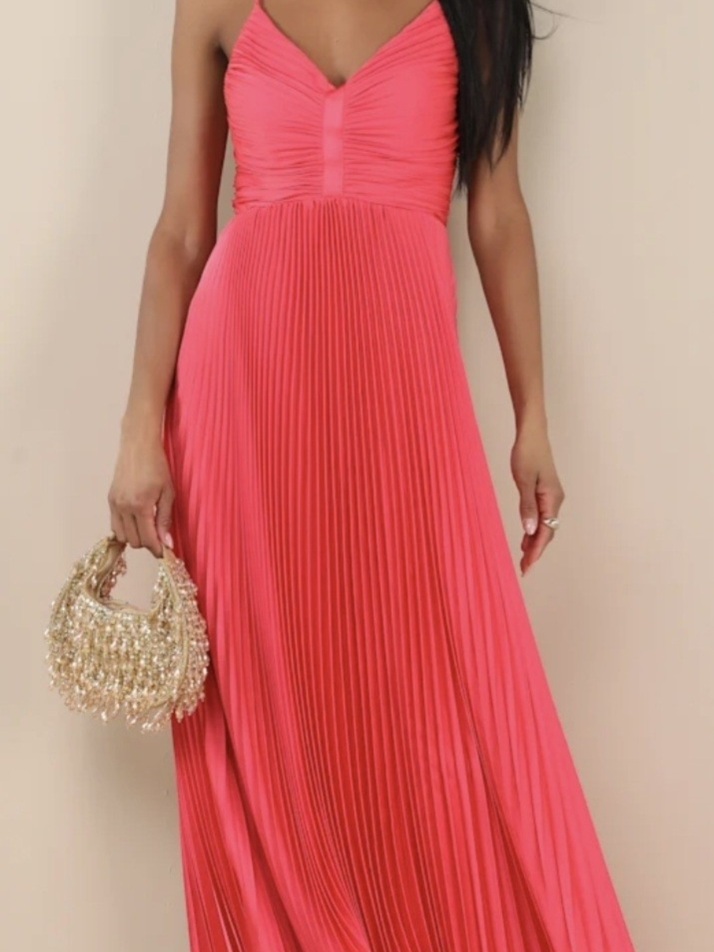 Lulu's Coral Pink Pleated V-Neck Maxi Dress
